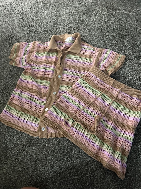 l*space Other - l*space Tan Crochet Button-Down Top & Skirt Set with Pastel Stripes